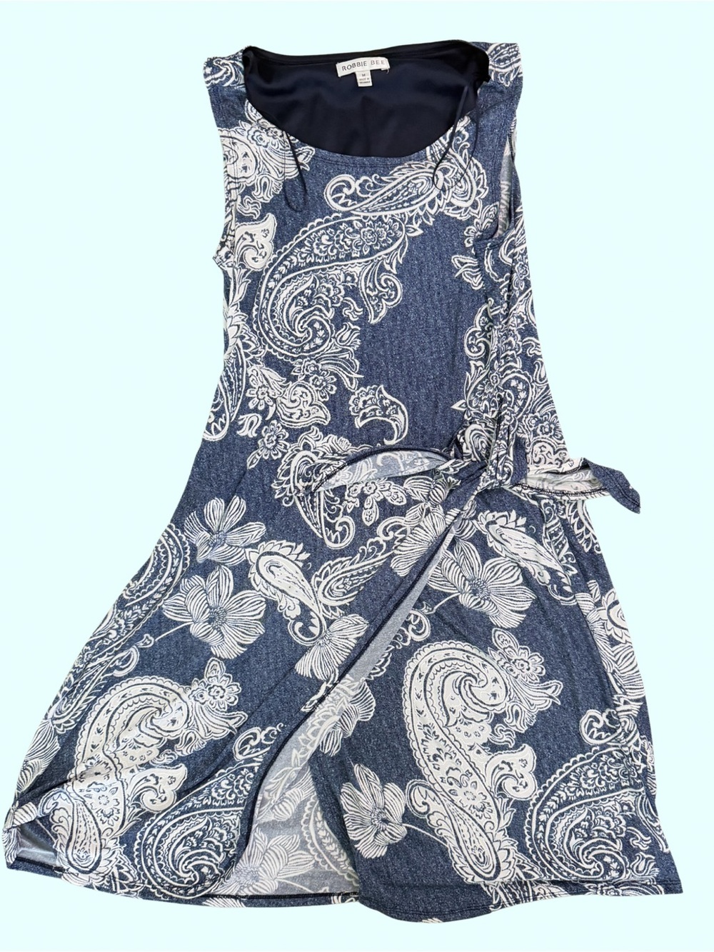 Robbie Bee Navy and White Paisley Sleeveless Wrap Dress